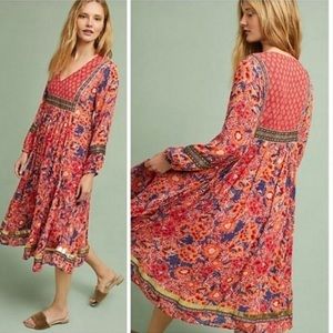 Anthropologie Red and Orange Long Sleeve Dress